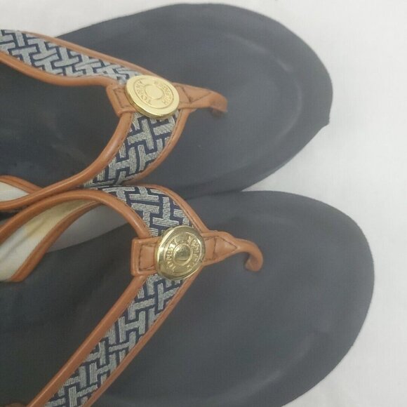 Tommy Hilfiger Wedge Flip Flop Sandals Womens Size 11 Blue Brown Fabric Slip On - Picture 6 of 9